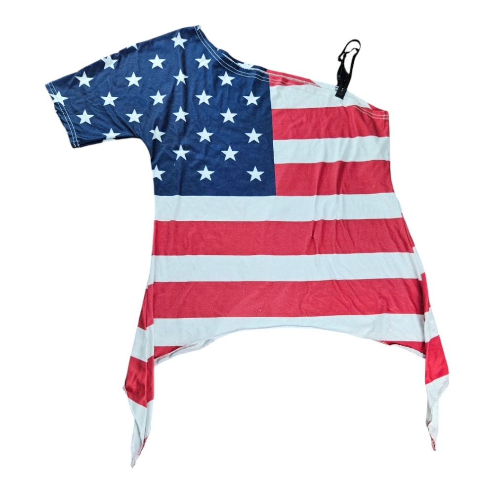 USED American Flag Print Asymmetrical Tee - White 2xl